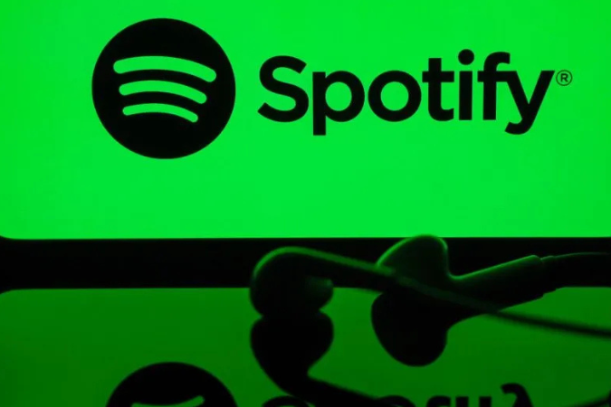 Imagem ilustrando o crescimento do Spotify com gráficos de ações e inovação em IA.