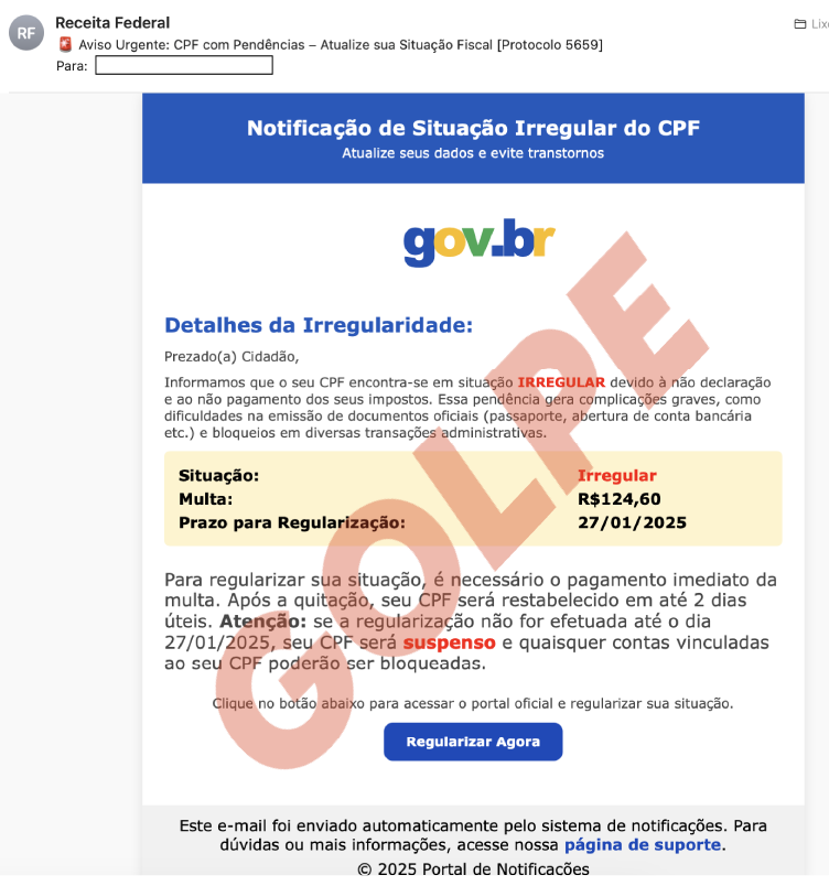 Exemplo de e-mail enviado para aplicar golpe | Foto: Reprodução/Receita Federal